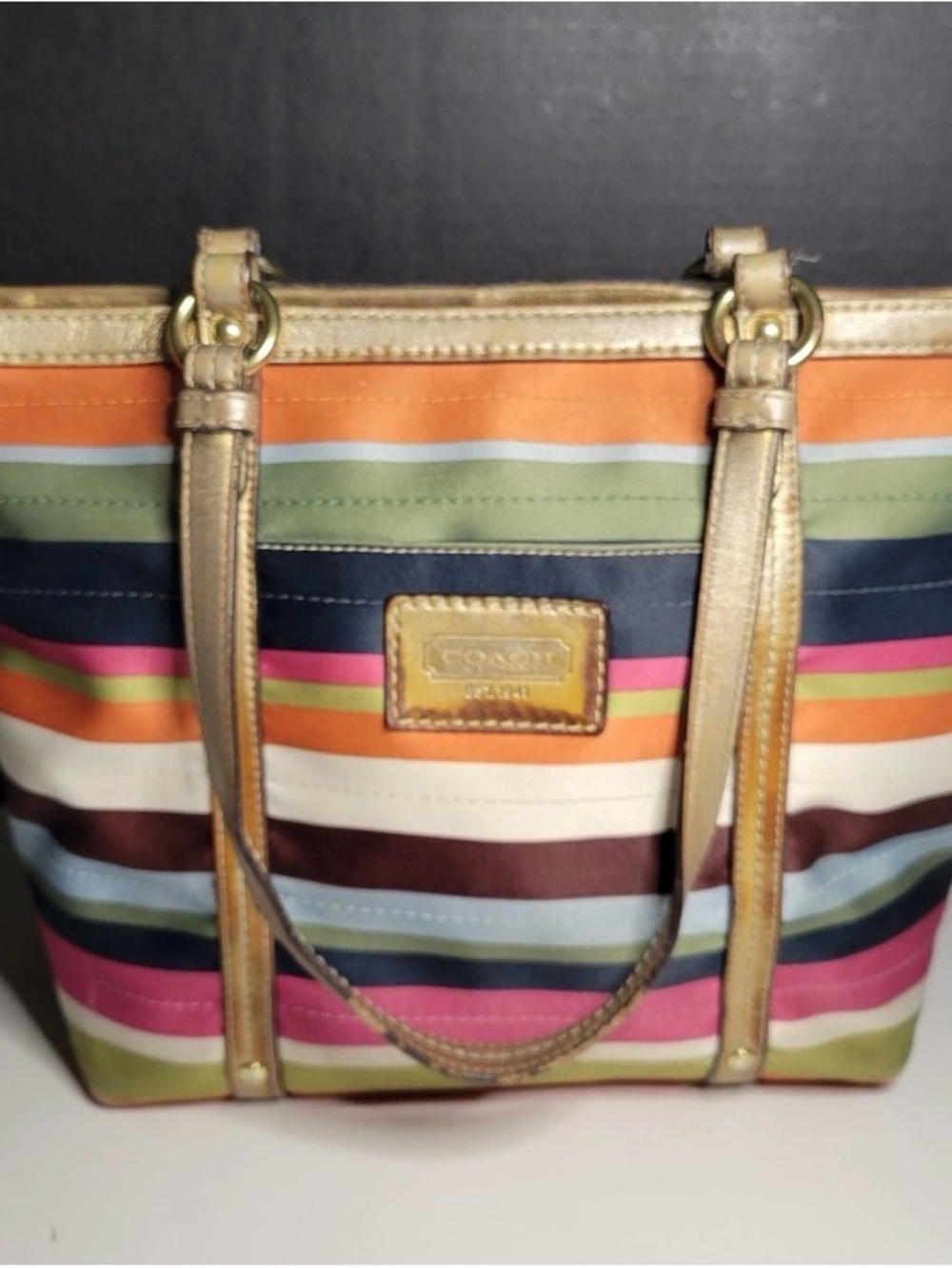 Coach Legacy Striped Multicolor Tote Bag with Gold Trim